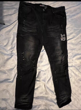 BKYS Distress Denim Mens Straight Leg Stretch Jean Bunny 7 Size 38x32 (0045)